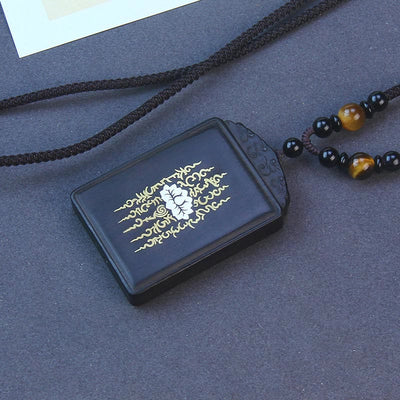 Buddha Stones 999 Sterling Silver Ebony Wood Lotus Inlaid Calm Necklace Pendant Necklaces & Pendants BS Ebony Wood 6*4*1cm