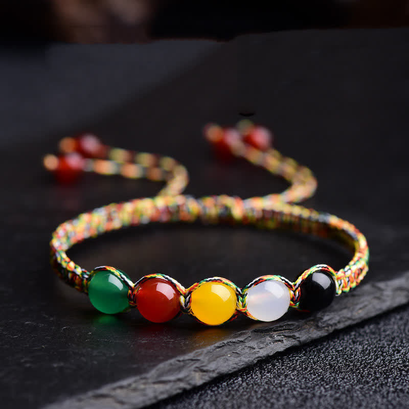 Buddha Stones Colorful Agate Metal Wood Water Fire Earth Five Elements String Bracelet Bracelet BS Agate