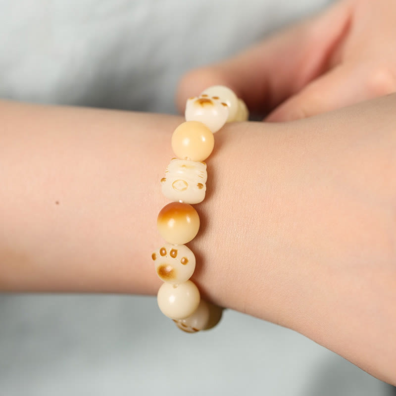 Buddha Stones Natural Bodhi Seed Sandalwood Lucky Cute Cat Head Paw Claw Peace Bracelet Bracelet BS 19