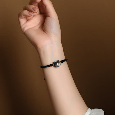 Buddha Stones Handmade Natural Silver Sheen Obsidian Strawberry Quartz Cute Cat Protection Braided Bracelet Bracelet BS 6