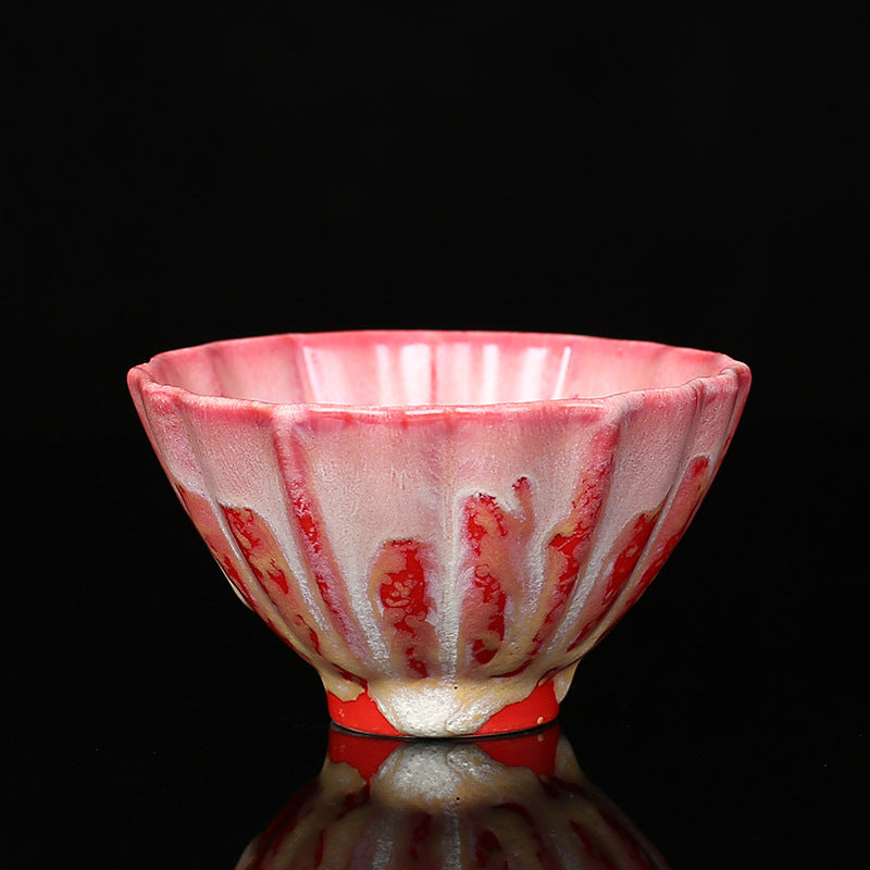 Buddha Stones Retro Blue Red Gradient Lotus Pattern Kiln Change Ceramic Teacup Kung Fu Tea Cup Bowl Cup BS Red 8.5cm*4.8cm*100ml