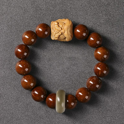 Buddha Stones Purple Bodhi Seed Dancing Lion Wisdom Bracelet Bracelet BS Bodhi Seed&Green Sandalwood Dancing Lion(Wrist Circumference 15-17cm)