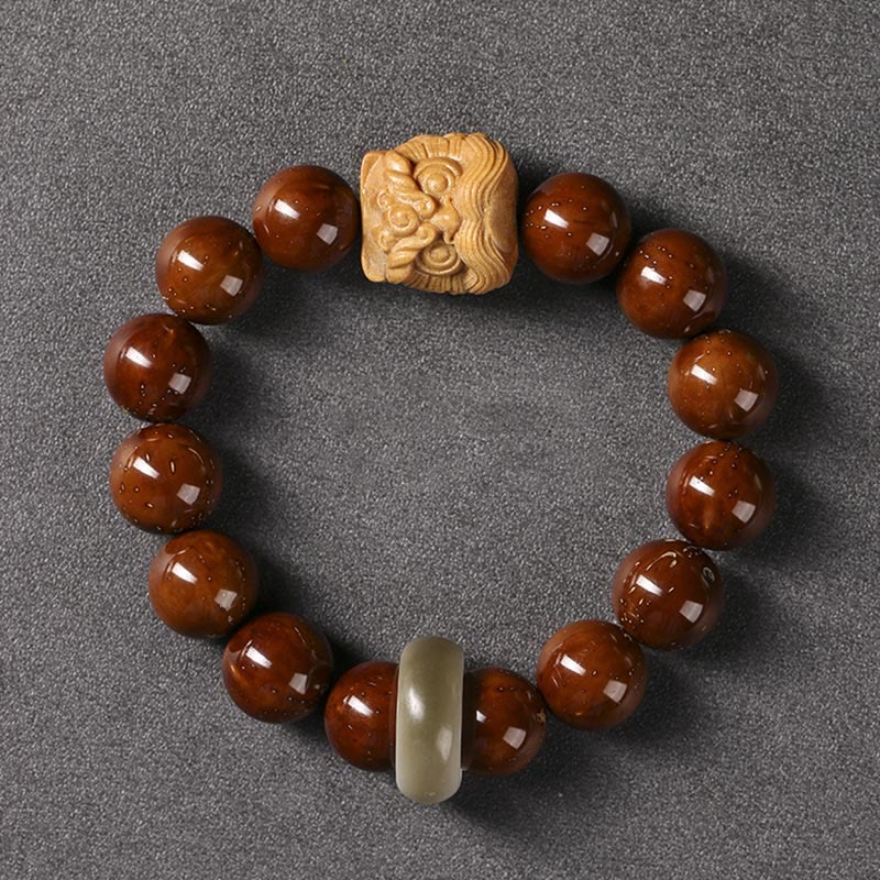 Buddha Stones Purple Bodhi Seed Dancing Lion Wisdom Bracelet Bracelet BS Bodhi Seed&Green Sandalwood Dancing Lion(Wrist Circumference 15-17cm)