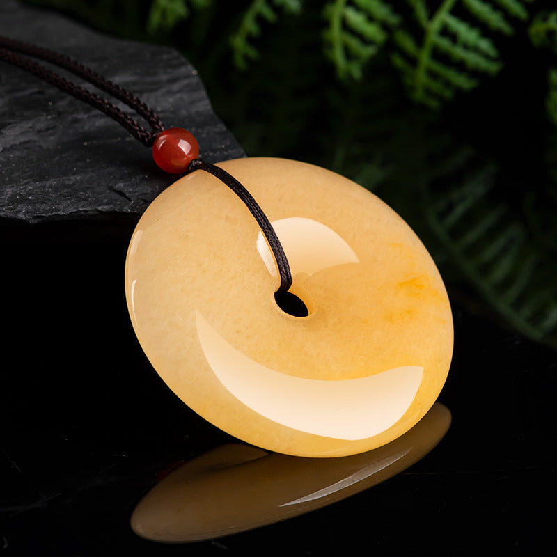 Buddha Stones Round Golden Silk Jade Peace Buckle Wealth Pendant Necklace Necklaces & Pendants BS 5
