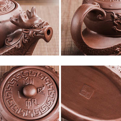 Foviel Vintage Dragon Auspicious Clouds Purple Clay Ceramic Teapot