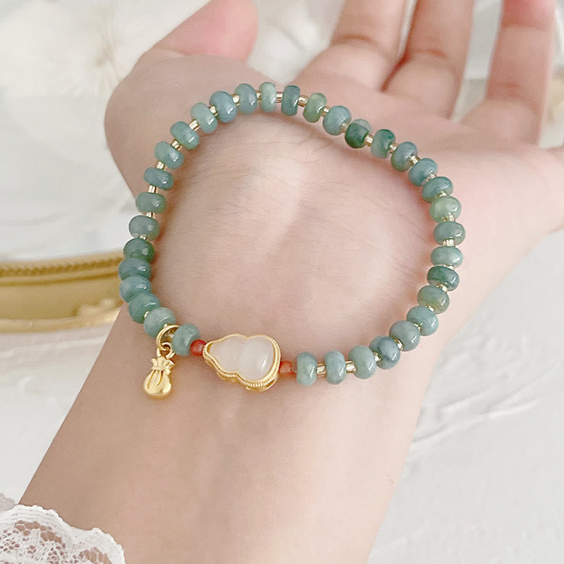 Buddha Stones Natural Hetian Jade Pearl Peace Buckle Fu Character Gourd Money Bag Strawberry Quartz PiXiu Luck Bracelet Bracelet BS 8