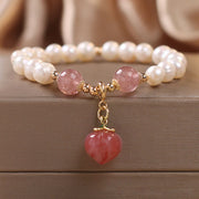 Bracelet à breloque en quartz fraise, perle naturelle et cœur de pêche de la sagesse Foviel