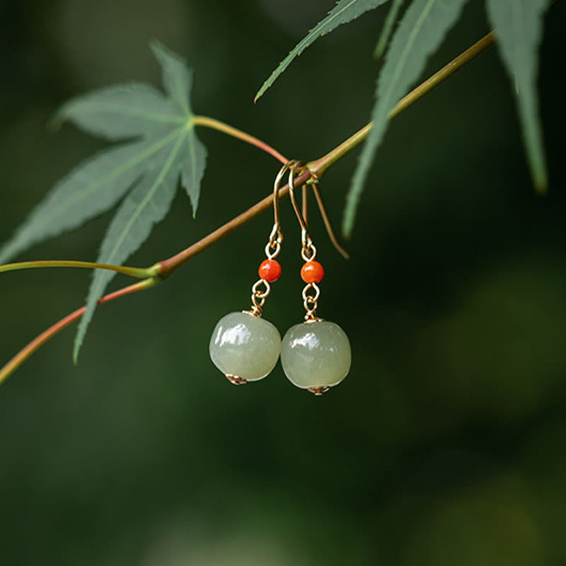Buddha Stones 925 Sterling Silver 14K Gold Plated Hetian Jade Red Agate Luck Drop Dangle Earrings Earrings BS 3