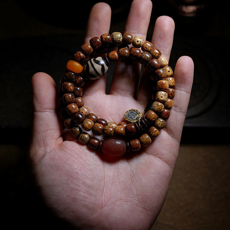 Buddha Stones Tibetan Bodhi Seed Amber Dzi Bead Agate Zakiram Goddess of Wealth Beads Triple Wrap Bracelet Bracelet BS 2