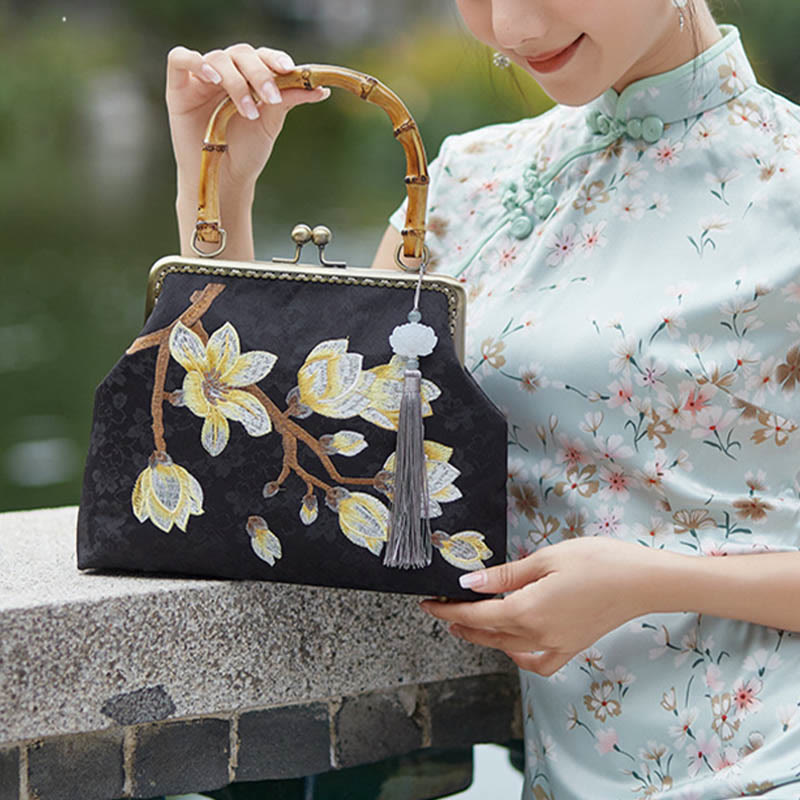 Buddha Stones Plum Blossom Embroidery Bamboo Handle Handbag Crossbody Bag Crossbody Bag&Handbags BS 1
