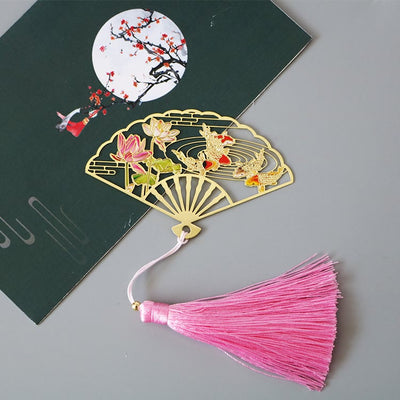 Buddha Stones Traditional Butterfly Lotus Flower Crane Dragon Phoenix Fox Koi Fish New Beginning Metal Brass Hollow Fan Bookmarks Bookmarks BS Koi Fish Lotus Flower
