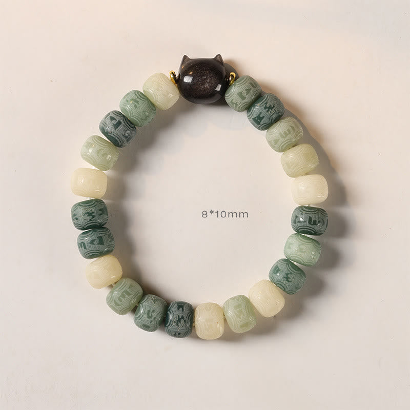 Buddha Stones Bodhi Seed Silver Sheen Obsidian Cat Head Om Mani Padme Hum Engraved Harmony Bracelet Bracelet BS 10