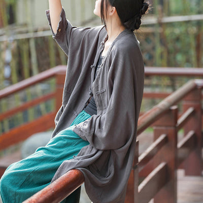 Buddha Stones Frog-Button Long Sleeve Zen Meditation Open Front Jacket With Pockets 22