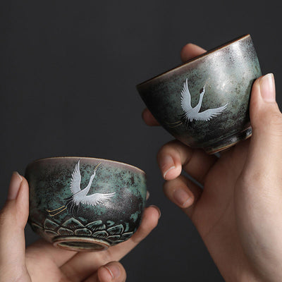 Buddha Stones Auspicious Crane Ceramic Teacup Kung Fu Tea Cup Bowl Cup BS main