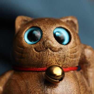 Buddha Stones Mini Lucky Cat Kitten Phoebe Zhennan Wood Blessing Decoration Decorations BS 13
