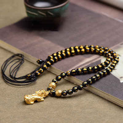 Buddha Stones FengShui Obsidian PiXiu Wealth Necklace Necklace BS Obsidian