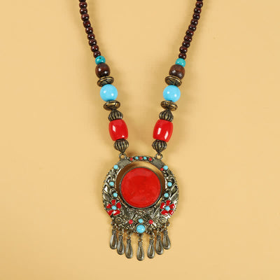 Buddha Stones Tibetan Retro Beads Tassel Hair Decoration Hair Accessories Decorations BS Flower-Red