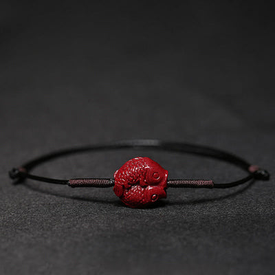Buddha Stones Handmade Plum Blossom Four Leaf Clover PiXiu Lotus Koi Fish Cinnabar Blessing Braid Bracelet Bracelet BS Black(Wrist Circumference 14-19cm) Koi Fish