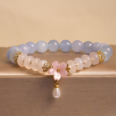 Buddha Stones Aquamarine White Agate Pearl Abacus Beads Flower Healing Bracelet Bracelet BS 7