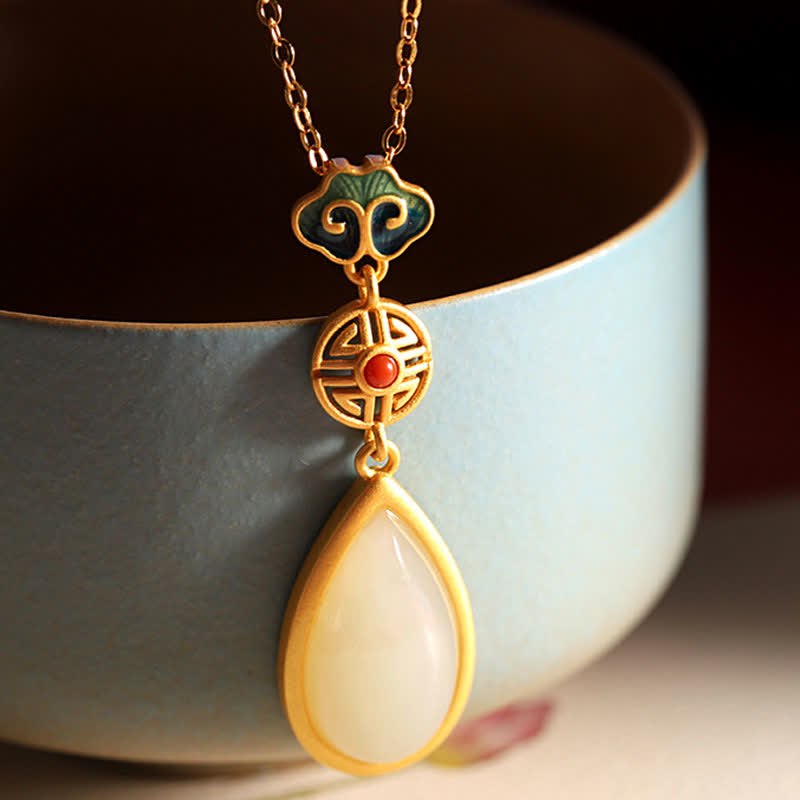 Buddha Stones 925 Sterling Silver Hetian White Jade Water Drop Chain Necklace Pendant Bracelet Bracelet Necklaces & Pendants BS Hetian Jade Necklace