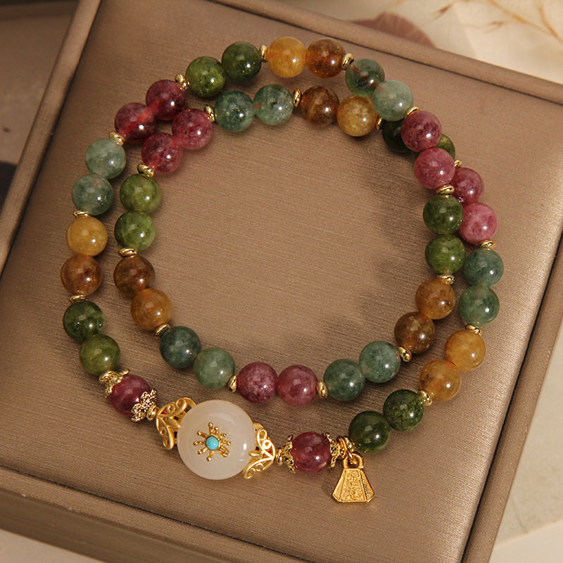 Buddha Stones Natural Multicolored Tourmaline Positive Jade Flower Double Wrap Bracelet Bracelet BS 5
