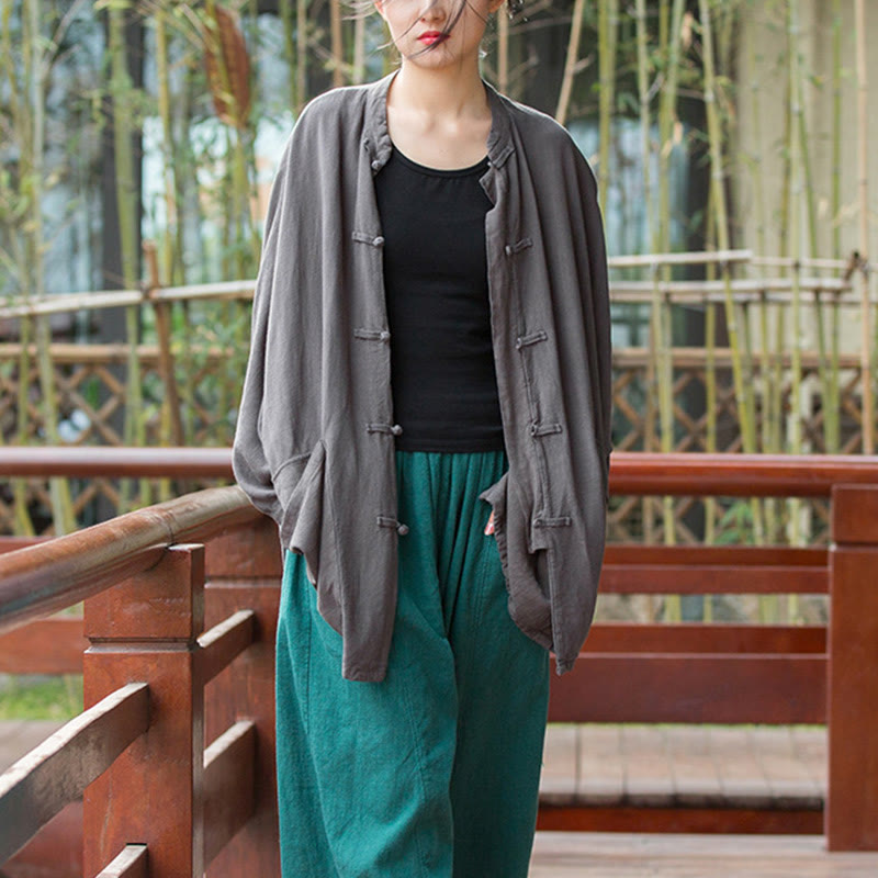 Buddha Stones Frog-Button Long Sleeve Zen Meditation Open Front Jacket With Pockets 24