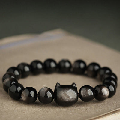 Foviel Gold Sheen Obsidian Silber Sheen Obsidian Schöne Paw Glück Katzenschutz Armband