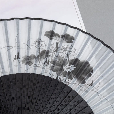 Buddha Stones Mountains Plum Blossom Lotus Magpie Bamboo Leaves Handheld Silk Bamboo Folding Fan 22.5cm 5
