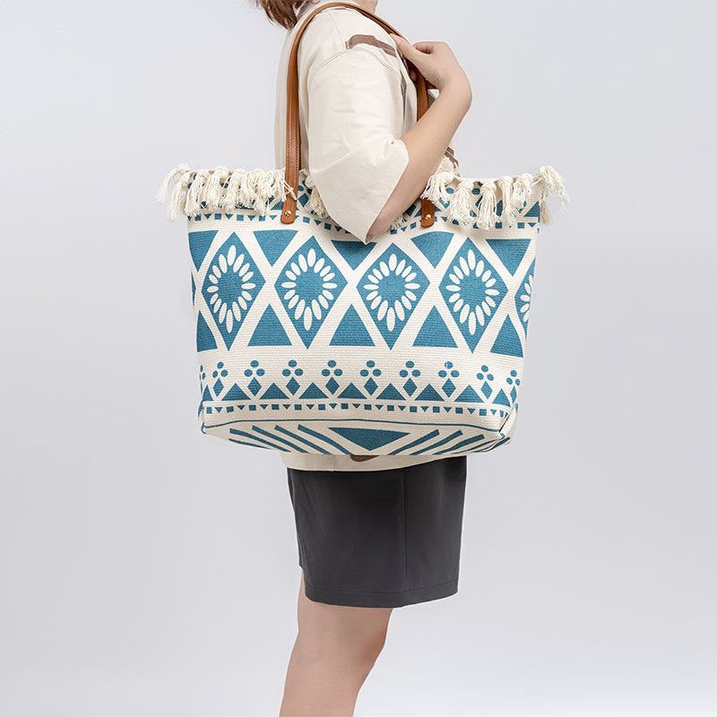 Buddha Stones Large Capacity Boho Geometry Print Tassel Canvas Tote Shoulder Bag Shoulder Bag BS 4