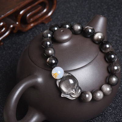 Buddha Stones Natural Rainbow Obsidian Gold Sheen Obsidian Silver Sheen Obsidian Fox Healing Bracelet Bracelet BS Silver Sheen Obsidian Pig