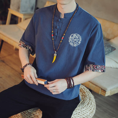 Buddha Stones Frog-Button Dragon Embroidery Chinese Tang Suit Short Sleeve Shirt Linen Men Clothing Men's Shirts BS 39