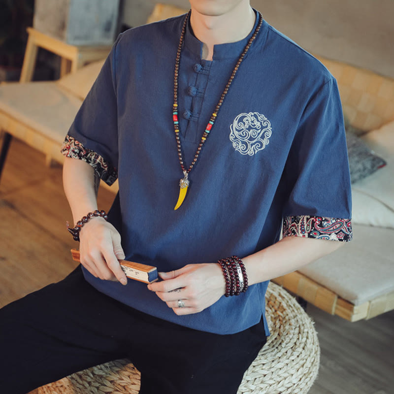 Buddha Stones Frog-Button Dragon Embroidery Chinese Tang Suit Short Sleeve Shirt Linen Men Clothing Men's Shirts BS 39