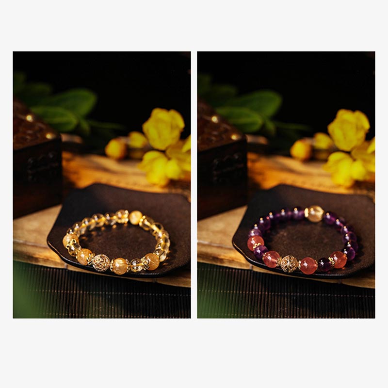 Buddha Stones Natural Citrine Amethyst Rutilated Quartz Prosperity Protection Bracelet Bracelet BS 10