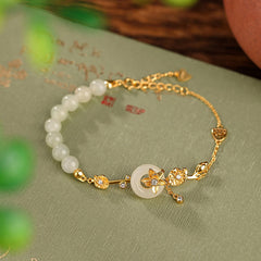 Buddha Stones 925 Sterling Silver Hetian Jade Peace Buckle Lotus Luck Chain Bracelet Bracelet BS 925 Sterling Silver Plated Gold(Wrist Circumference 14-17cm)