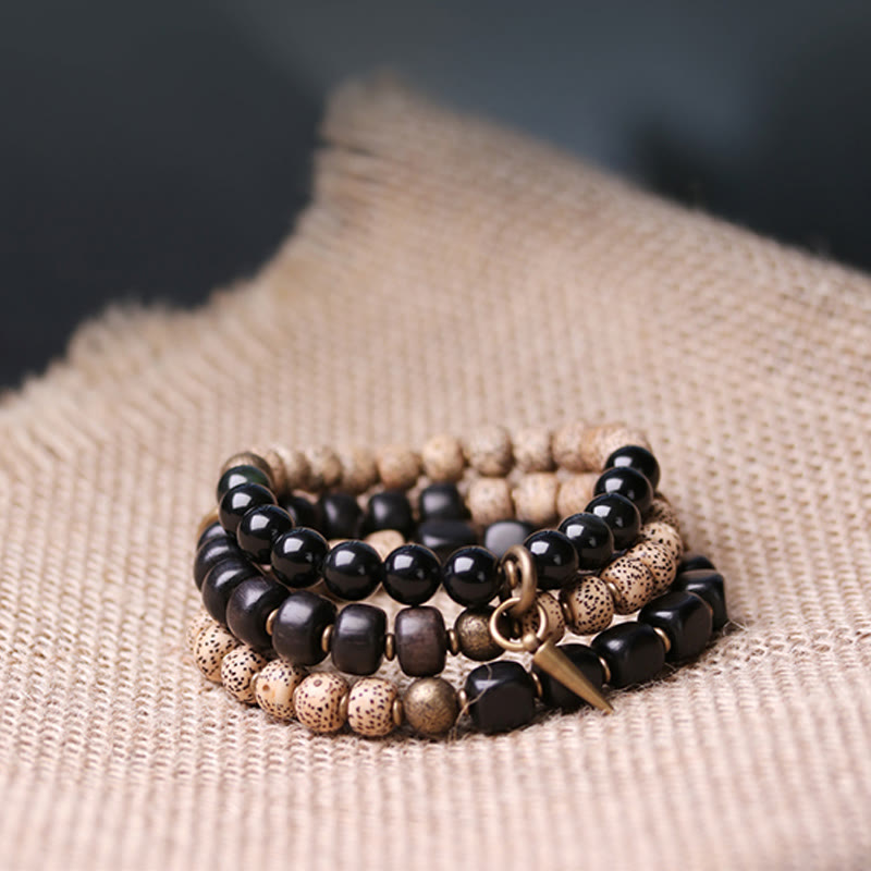 Buddha Stones Tibetan Bodhi Seed Black Obsidian Ebony Wood Copper Peace Bracelet Bracelet BS 12