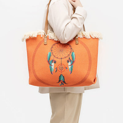 Buddha Stones Large Capacity Dreamcatcher Mandala Tassel Canvas Tote Shoulder Bag Shoulder Bag BS 6