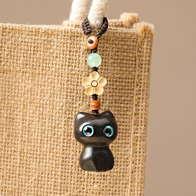 Foviel Mini Small Leaf Red Sandalwood Ebony Wood Lucky Cat Lovely Kitty Peace Key Chain Phone Hanging Decoration