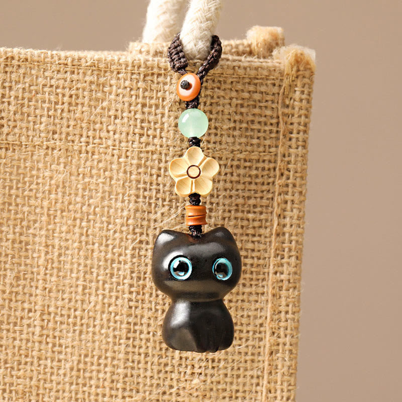Foviel Mini Small Leaf Red Sandalwood Ebony Wood Lucky Cat Lovely Kitty Peace Key Chain Phone Hanging Decoration
