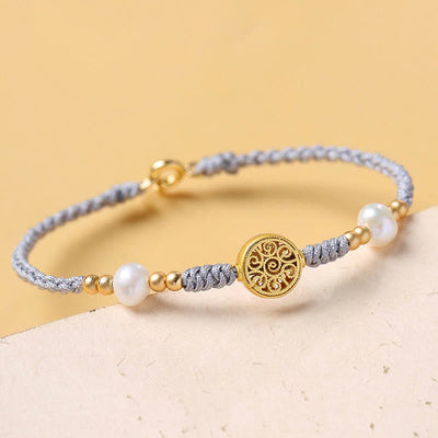 Buddha Stones Copper Coin Fortune Tree Pearl Luck Blue Rope Braided Bracelet Bracelet BS 19