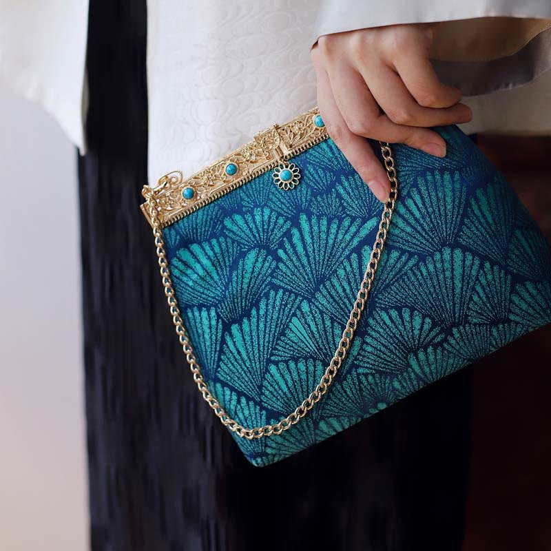 Buddha Stones Blue Lines Metal Chain Crossbody Bag Shoulder Bag Handbag Handbags BS Blue 19*17*8cm