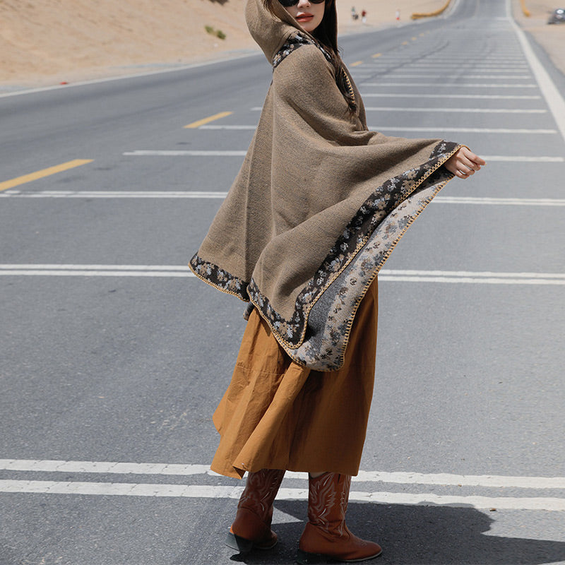 Buddha Stones Tibetan Shawl Border Small Floral Flower Hooded Cloak Winter Cozy Travel Scarf Wrap Tibetan Shawl BS 40
