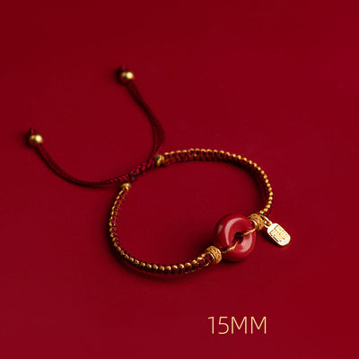 Buddha Stones Natural Cinnabar Peace Buckle Fu Character Charm Blessing Braided Bracelet Bracelet BS 11