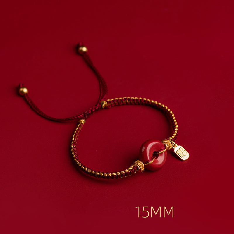 Buddha Stones Natural Cinnabar Peace Buckle Fu Character Charm Blessing Braided Bracelet Bracelet BS 11
