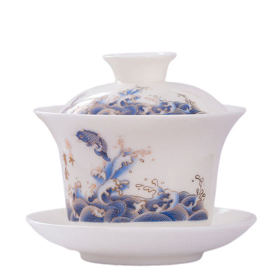 Buddha Stones White Porcelain Mountain Landscape Countryside Ceramic Gaiwan Teacup Kung Fu Tea Cup And Saucer With Lid Cup BS 11
