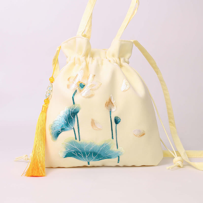 Buddha Stones Lotus Peony Epiphyllum Phoenix Suzhou Embroidery Cotton Linen Tote Crossbody Bag Shoulder Bag Handbag Crossbody Bag BS Yellow Golden Lotus 21*22cm