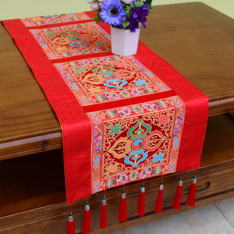 Buddha Stones Prayer Altar Mat Man-Bcu Kalachakra Endless Knot Vajra Tibetan Auspicious Symbols Tassels Table Runner Prayer Altar BS Vajra Red 190*33cm