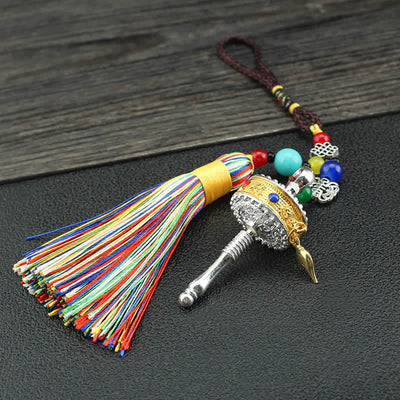 Buddha Stones Tibet Om Mani Padme Hum Prayer Wheel Tassel Bag Car Hanging Decoration Car Hanging Decoration BS 6cm*2.4cm