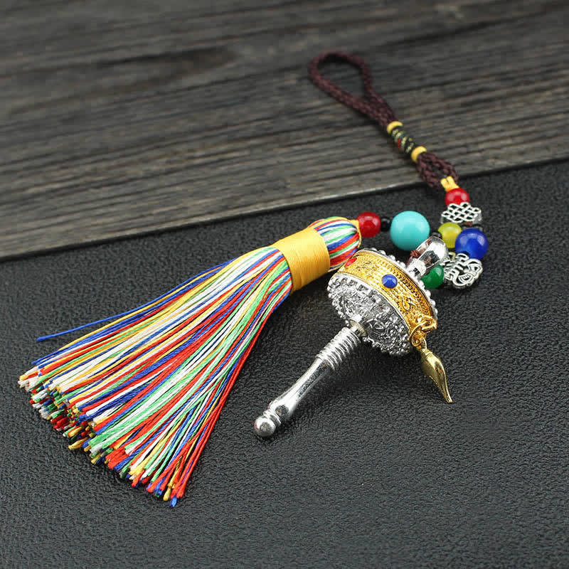 Buddha Stones Tibet Om Mani Padme Hum Prayer Wheel Tassel Bag Car Hanging Decoration Car Hanging Decoration BS 6cm*2.4cm