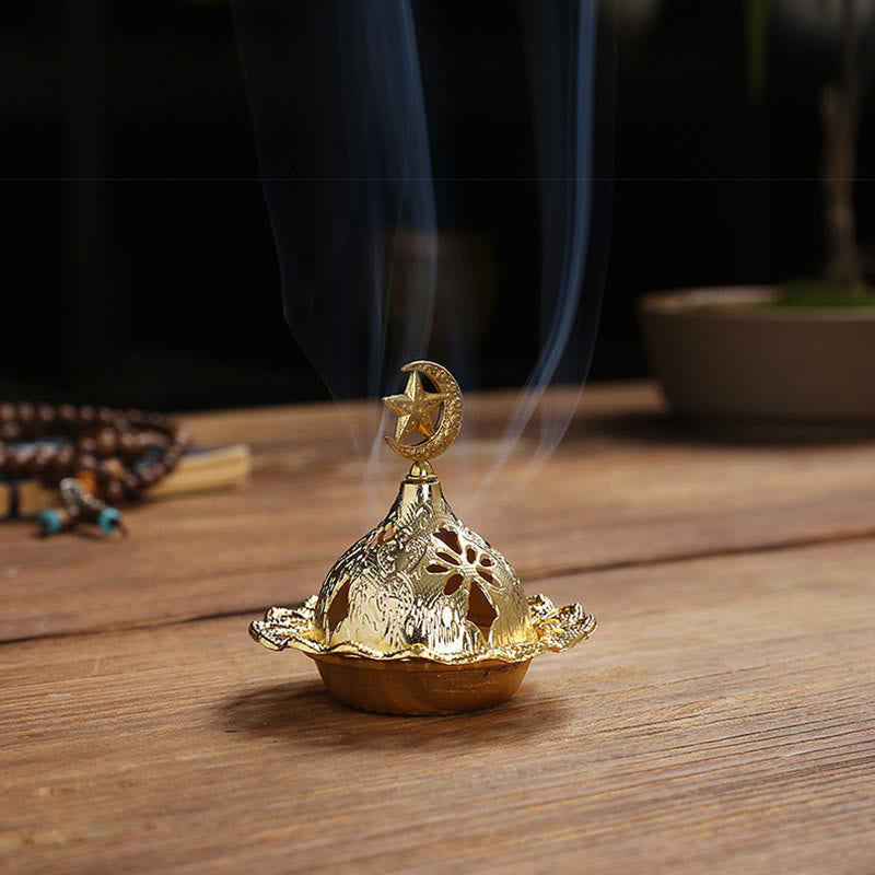 Buddha Stones Gold Gourd Star Feather Spiritual Meditation Mini Alloy Metal Incense Burner Incense Burner BS Star 7*6.8cm