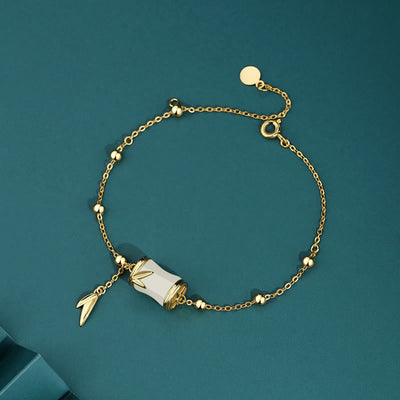 Buddha Stones 925 Sterling Silver 22K Gold Hetian White Jade Bamboo Leaf Luck Necklace Pendant Bracelet Bracelet Necklaces & Pendants BS 925 Sterling Silver 22K Gold Bracelet